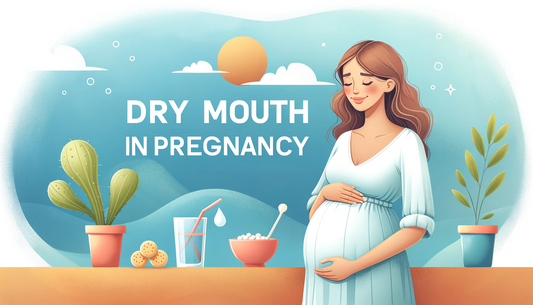 A banner image in a bright and inviting style, featuring a pregnant lady who is concernd about her oral health, due to suffering with Dry Mouth in Pregnancy.